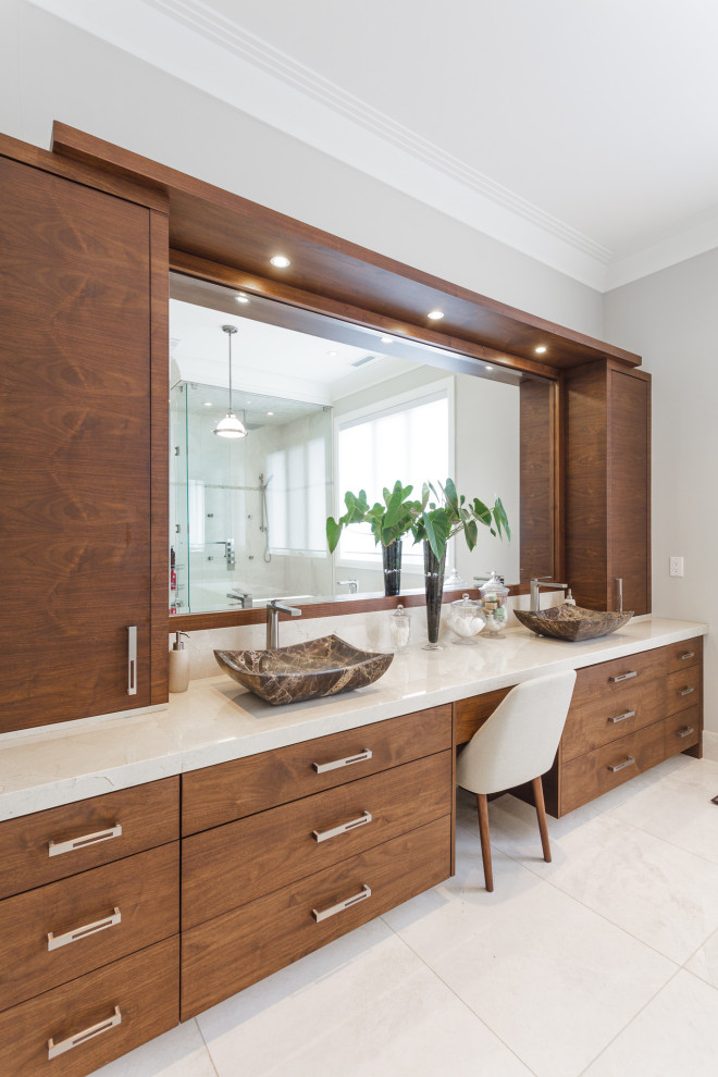 Inspiration for a large contemporary master bathroom in Toronto with medium wood cabinets, white walls, white floor, grey benchtops, a shower seat, a double vanity and a floating vanity.
