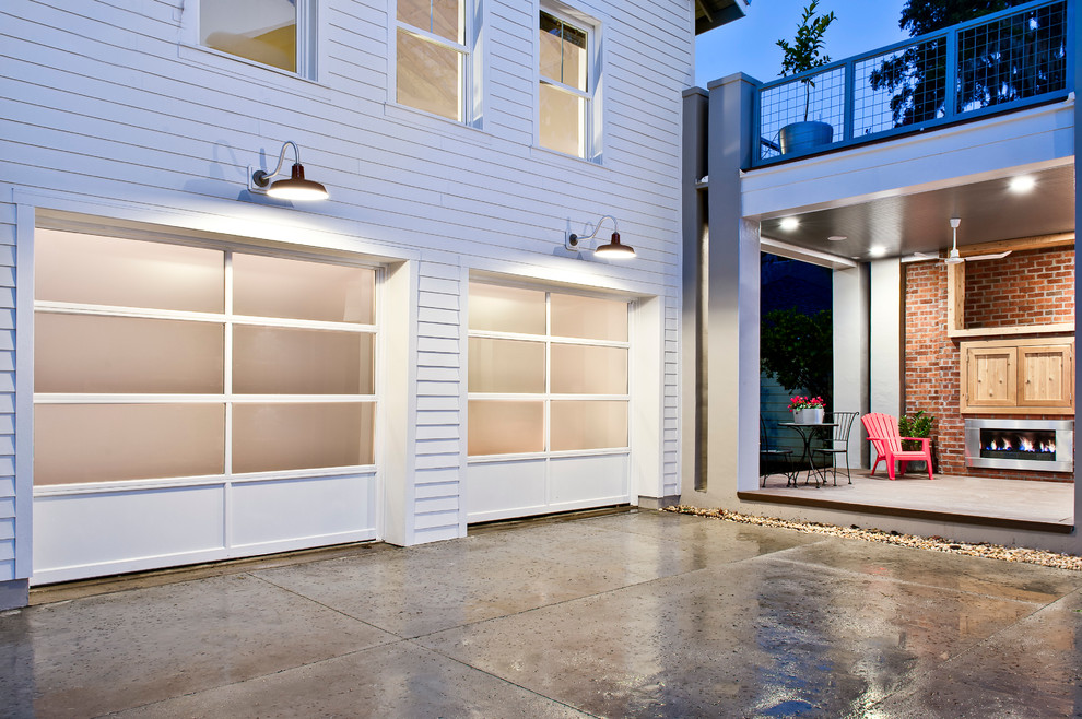 Mid-sized transitional attached two-car garage in Austin.