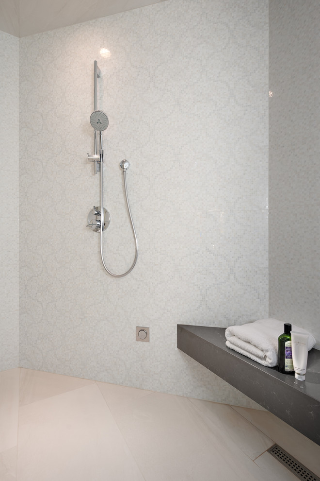Walk-in shower - large transitional master white tile and porcelain tile ceramic tile and beige floor walk-in shower idea in Vancouver with multicolored walls and a hinged shower door