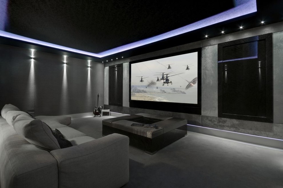 Inspiration for a modern home theatre in Manchester.
