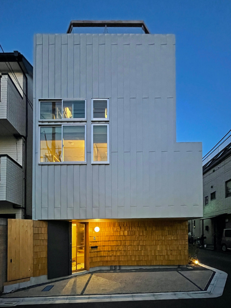 東京23区にあるお手頃価格の小さな北欧スタイルのおしゃれな家の外観 (メタルサイディング、混合材屋根、縦張り) の写真