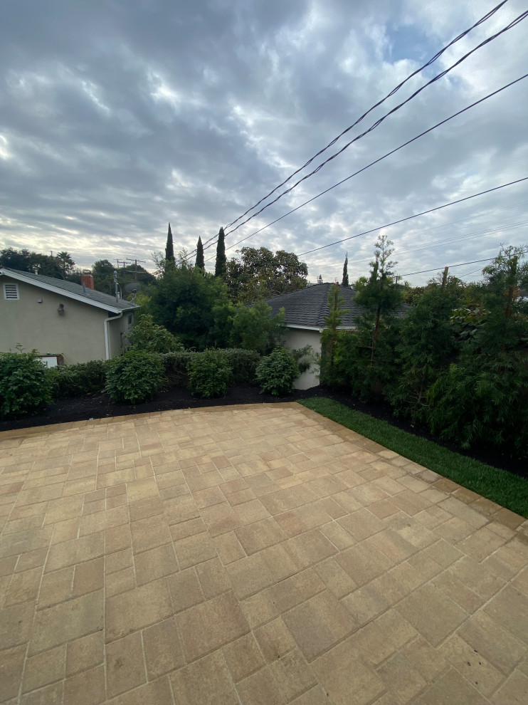 This is an example of an expansive world-inspired back formal full sun garden for spring in Los Angeles with a raised bed, concrete paving and a wood fence.