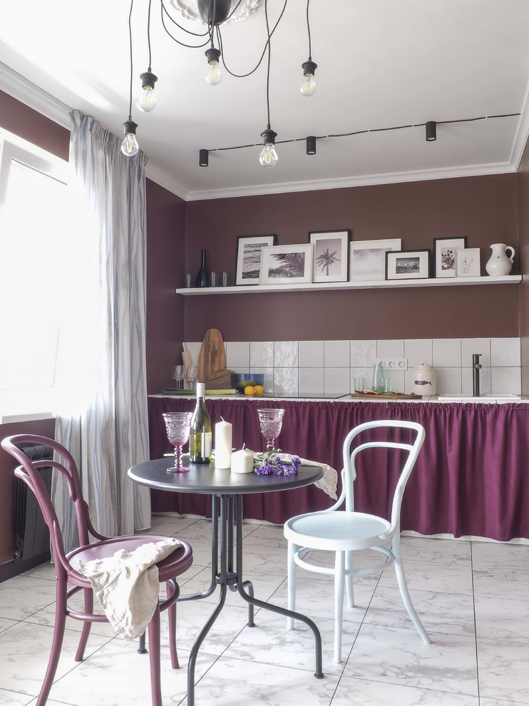 This is an example of a contemporary single-wall open plan kitchen in Other with a drop-in sink, open cabinets, purple cabinets, white splashback, ceramic splashback, white floor, tile benchtops and white benchtop.