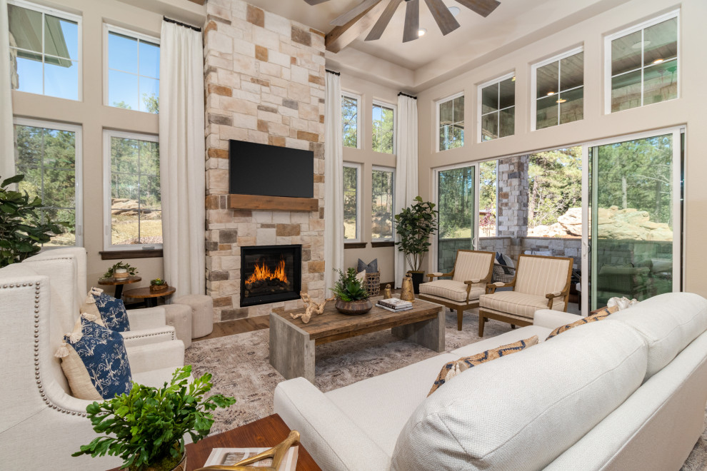 French country living room photo in Denver