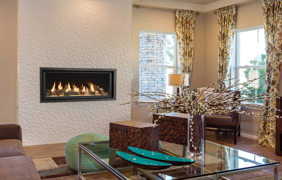 Example of a mid-sized transitional formal and open concept medium tone wood floor and brown floor living room design in Seattle with beige walls, a ribbon fireplace and a tile fireplace