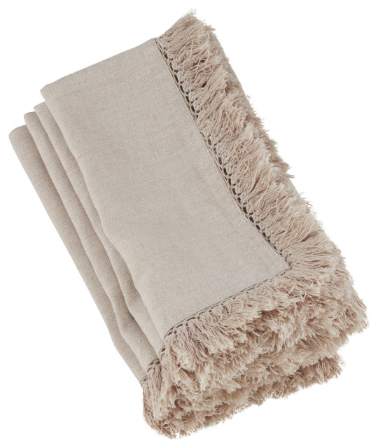 Rustic Linen Napkins With Large Fringe Edges, Set of 4 Modern