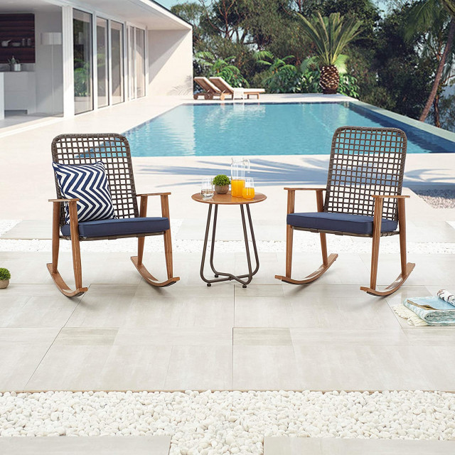 3 Pieces Patio Bistro Set, 2 Rocking Cushioned Charis With Mesh ...