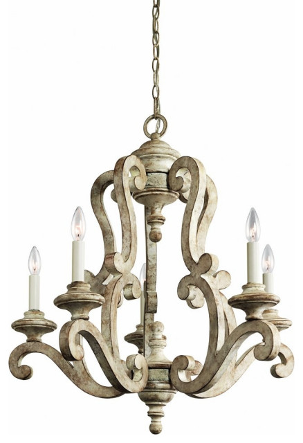 Farmhouse Five Light Chandelier in Distressed Antique White Finish - Chandelier