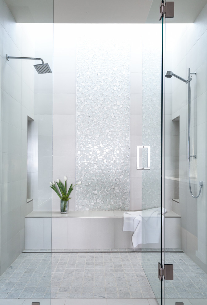 Photo of a large contemporary master bathroom in Los Angeles with a double shower, white tile, mosaic tile, white walls, porcelain floors, white floor, a niche and a shower seat.