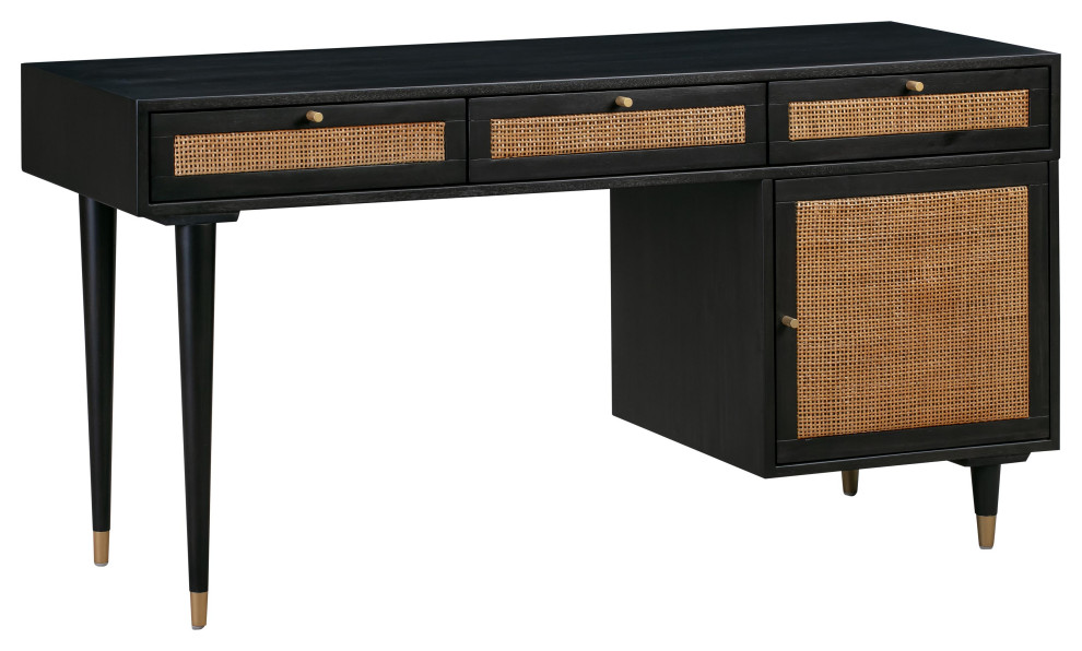 Sierra Noir Desk, Rattan Cane Desk, Dark Wooden Writing Desk With