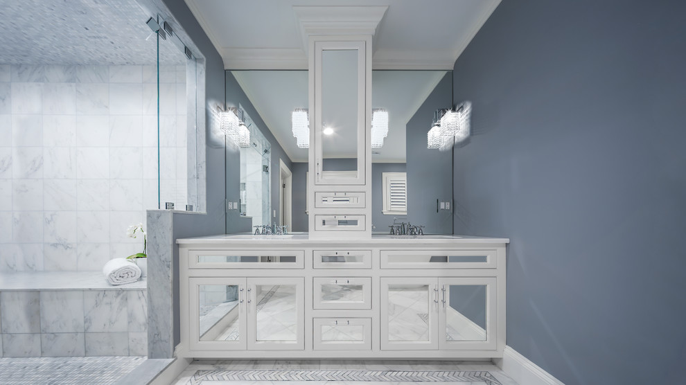 Inspiration for a large transitional master bathroom in Boston with flat-panel cabinets and white cabinets.