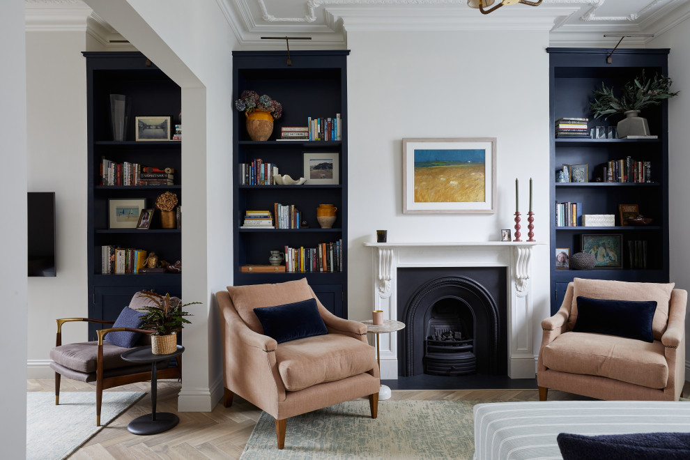 Inspiration for a medium sized classic open plan living room in London with medium hardwood flooring, a standard fireplace, a stone fireplace surround, no tv and a chimney breast.