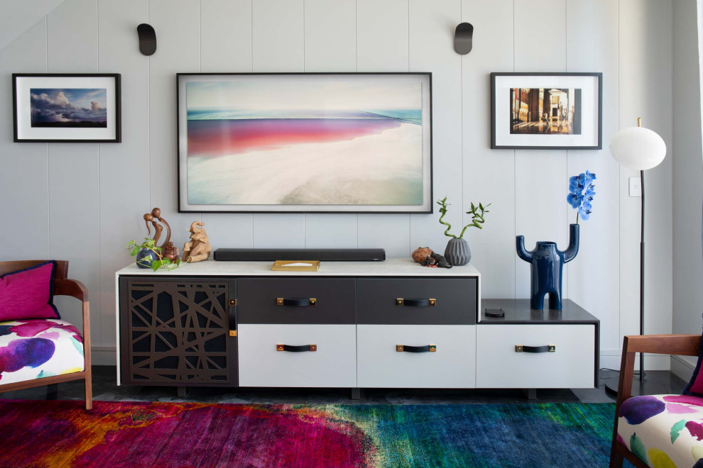 Photo of a mid-sized modern open concept living room in Brisbane with grey walls, a wall-mounted tv, multi-coloured floor and decorative wall panelling.