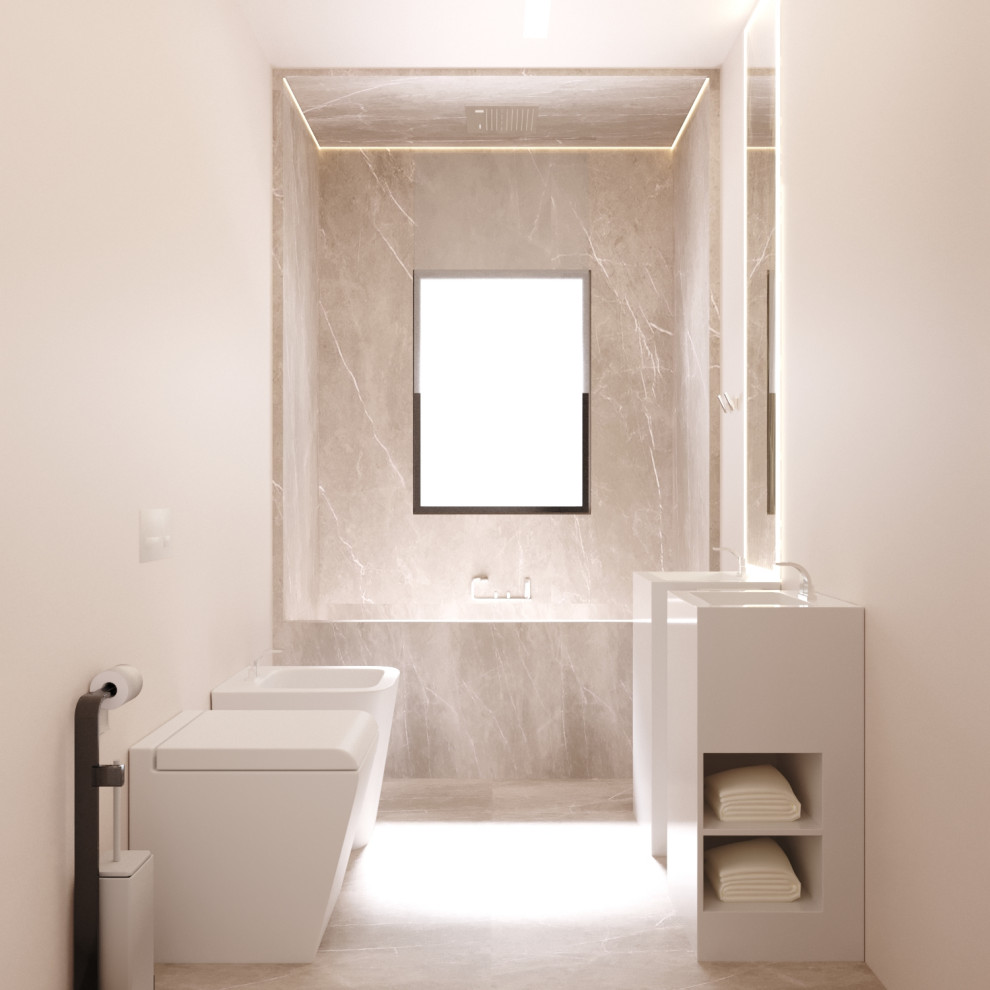 This is an example of a mid-sized modern 3/4 bathroom in Catania-Palermo with open cabinets, white cabinets, an alcove tub, a shower/bathtub combo, a two-piece toilet, gray tile, marble, white walls, porcelain floors, a vessel sink, granite benchtops, grey floor, an open shower, white benchtops, a double vanity, a freestanding vanity, recessed and panelled walls.