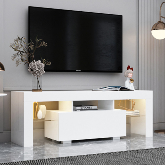 White TV Stand MDF Large TV Base with LED Light TV Modern