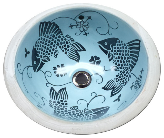 Hand Painted Sink "Blue Fish" Round Medium Undermount Sink Beach