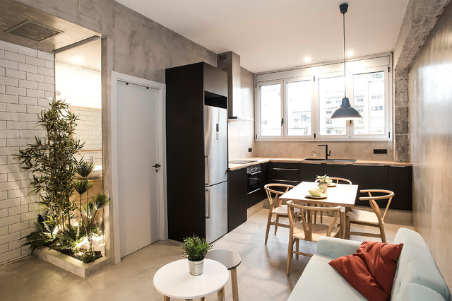 Cocina integrada en sal&oacute;n industrial-kitchen