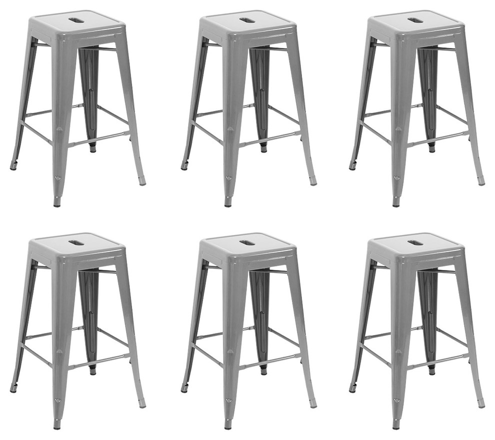 26" Metal Stackable Vintage-Style Counter Stools , Set of 6, Silver