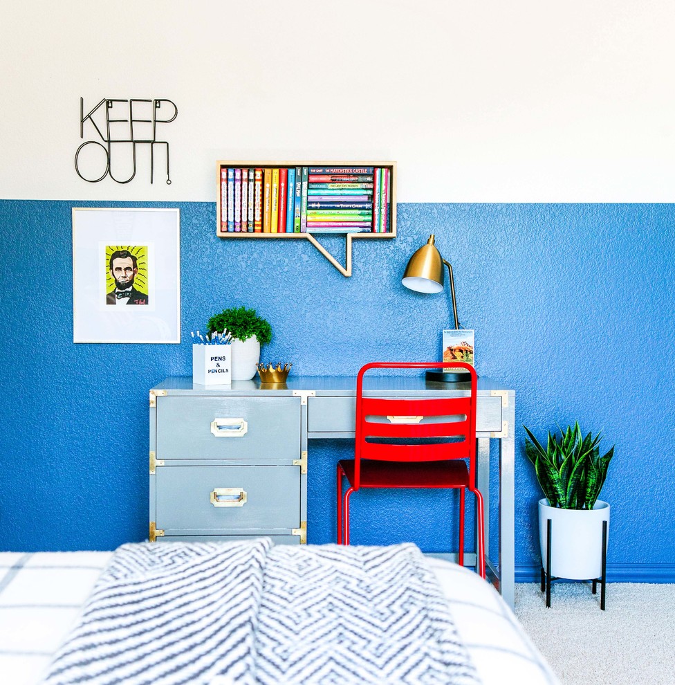 Kids Bedroom Study Area Dallas – Blue Accent Wall & Modern Desk | Lark Interiors - Kids bedroom study area in a Dallas home featuring a blue accent wall, modern desk, and bold red chair, creating a functional, playful workspace with personality and smart storage.
