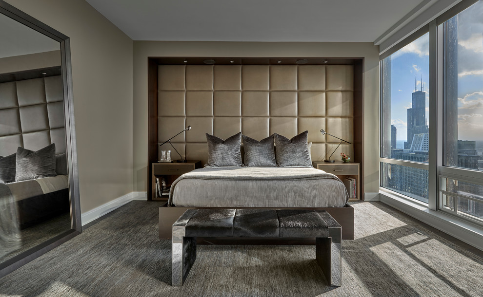 Contemporary master bedroom in Chicago with grey walls, carpet, no fireplace and grey floor.