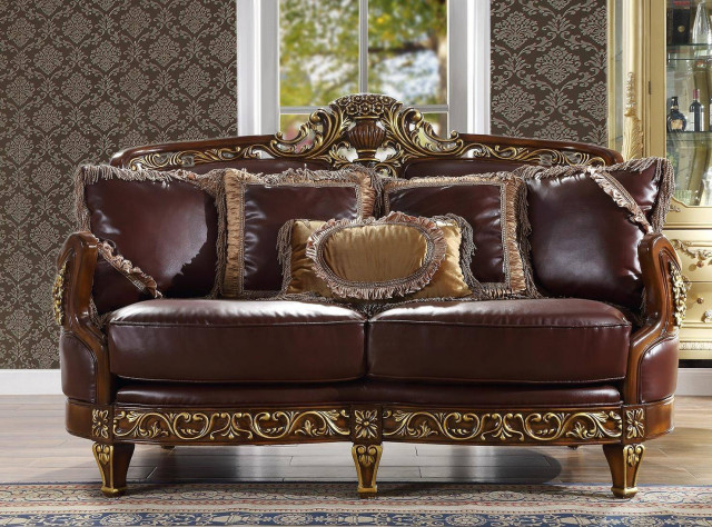 Traditional Style Mahogany & Metallic Bright Gold Leather Wood Finish Sofa