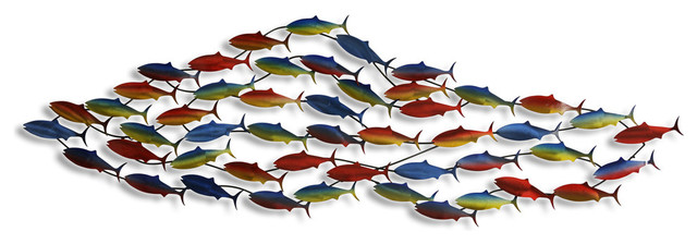 School Of Fish Multi Colored Wall Sculpture Beach Style Metal School Of Fish Multi Colored Wall Sculpture