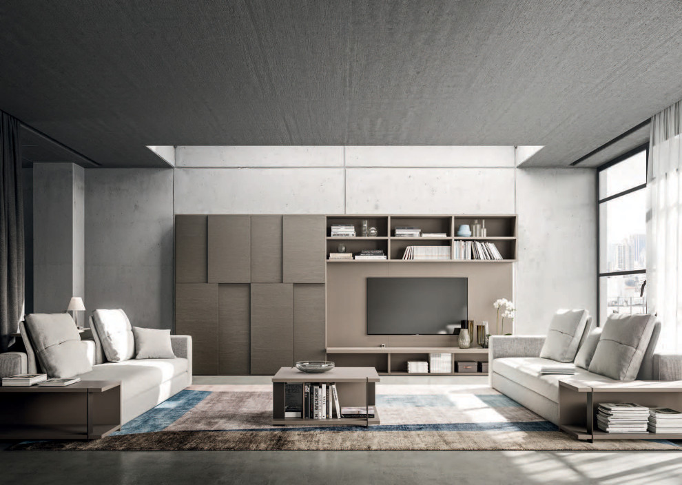 Пример оригинального дизайна: большая гостиная комната в стиле модернизм с серыми стенами и серым полом