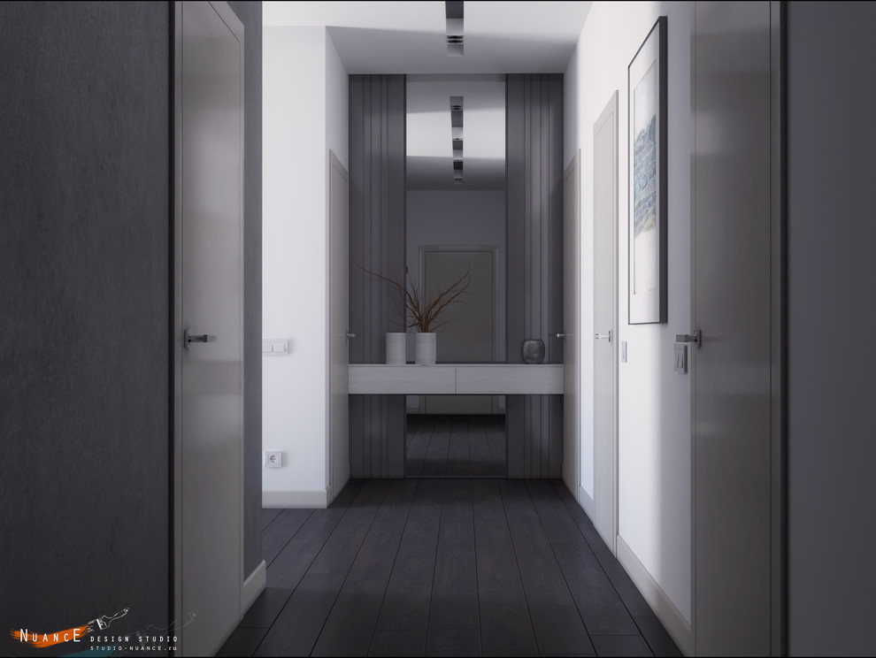 Объединенная гостиная-кухня с современной лестницей на 1 косоуре в загородном до