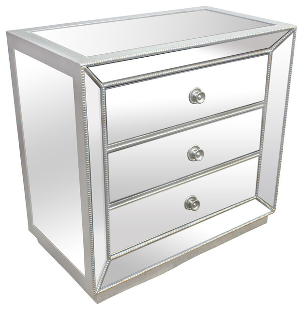 Silver Mirrored Glass Bedroom 3 Drawer, Monarch Mirrored Nightstand