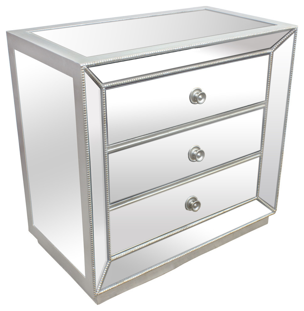 Silver Mirrored Glass Bedroom 3 Drawer Nightstand Transitional