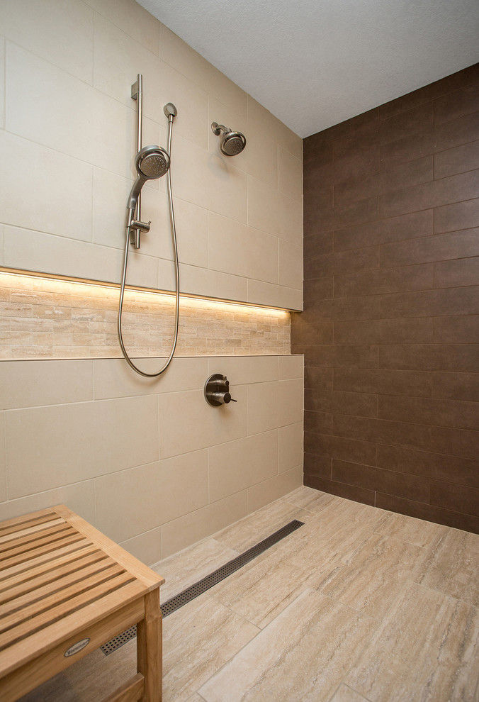 Doorless shower - mid-sized transitional master doorless shower idea with an undermount sink, flat-panel cabinets and dark wood cabinets