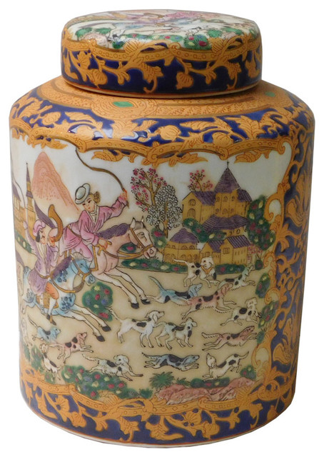 Chinese Oriental Porcelain People And Dominos Puppy Container Box
