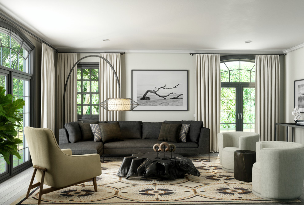 Abgetrenntes Modernes Wohnzimmer mit gebeiztem Holzboden, Kamin, Kaminumrandung aus Stein, TV-Wand und grauem Boden in New York