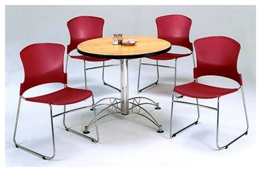 Oak-Look Round Top Table & 4 Wine Color Stacking Chairs - 5-Pc Set