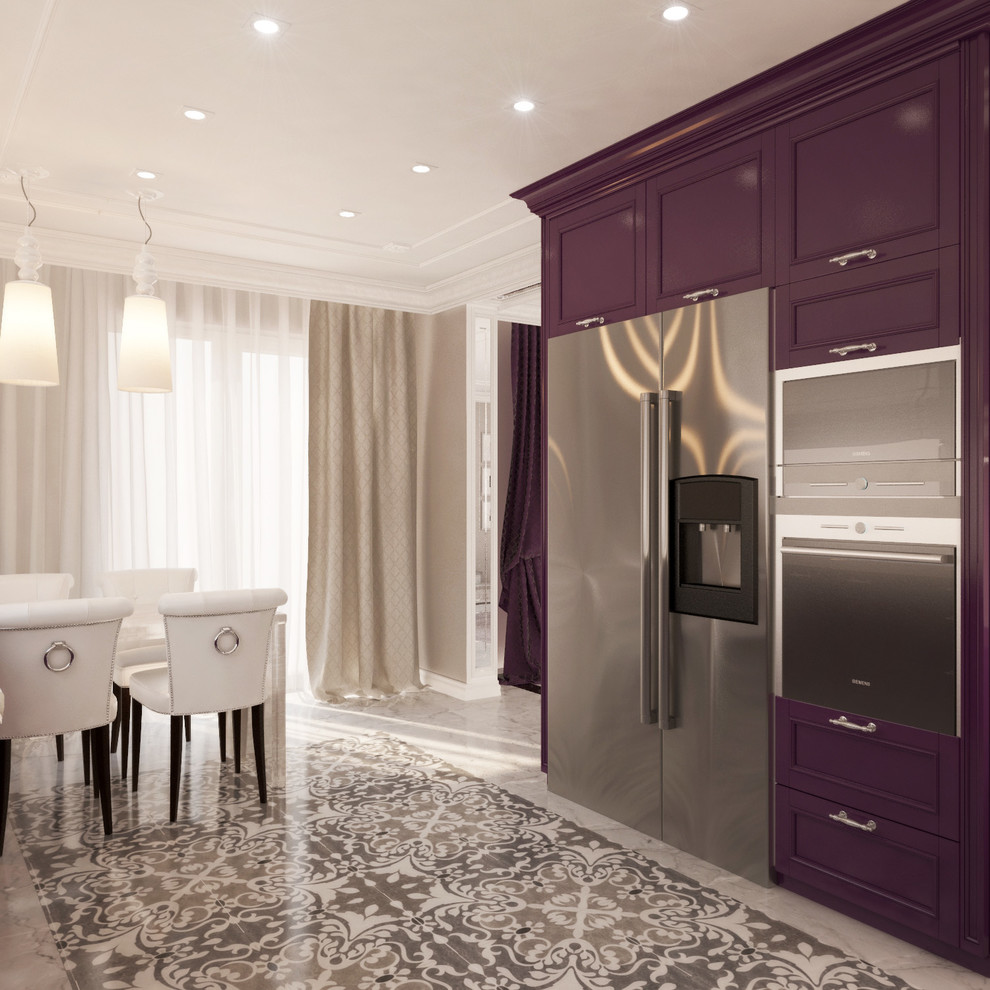 Large transitional u-shaped separate kitchen in Nice with an integrated sink, flat-panel cabinets, purple cabinets, onyx benchtops, stainless steel appliances, marble floors, a peninsula and multi-coloured floor.