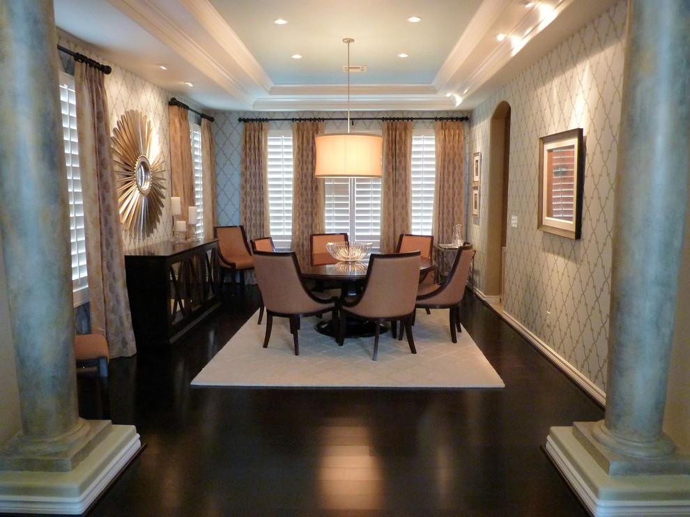 Design ideas for a traditional dining room in Las Vegas with dark hardwood floors and beige walls.