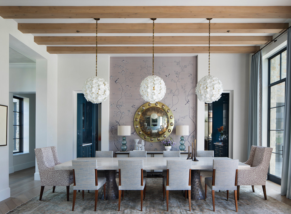 Inspiration for a transitional separate dining room in San Francisco with white walls, medium hardwood floors, no fireplace, exposed beam, wallpaper and brown floor.
