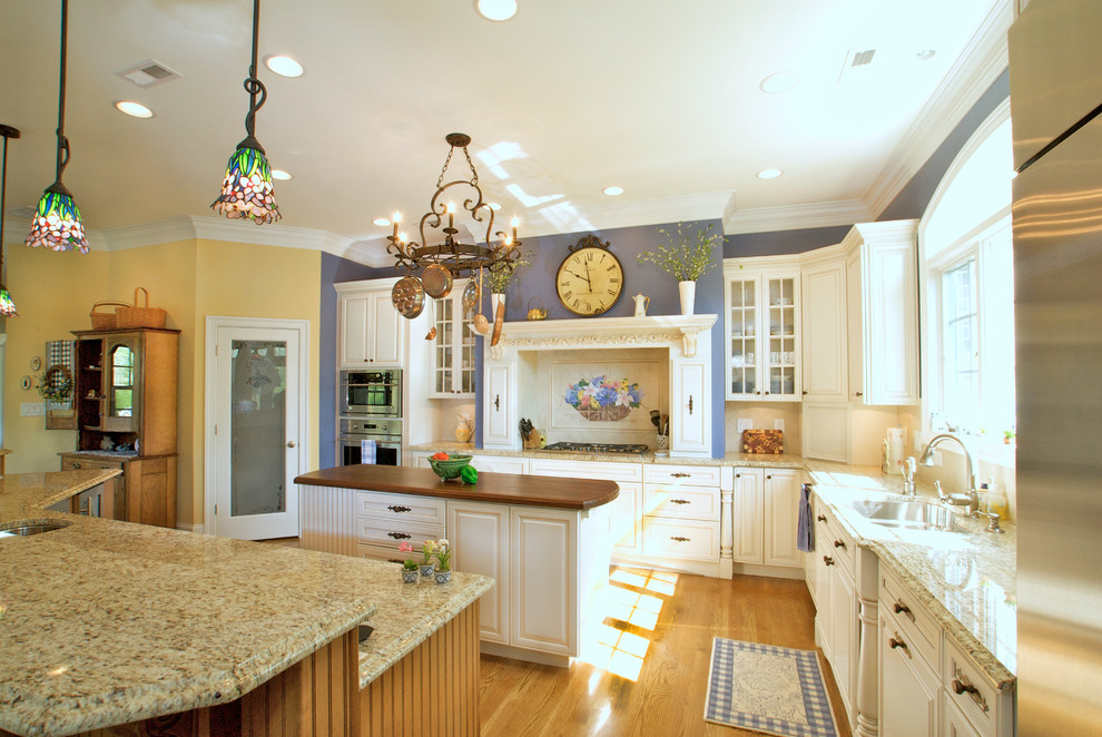 Williamsburg French Country Kitchen with Hearth and Double Island