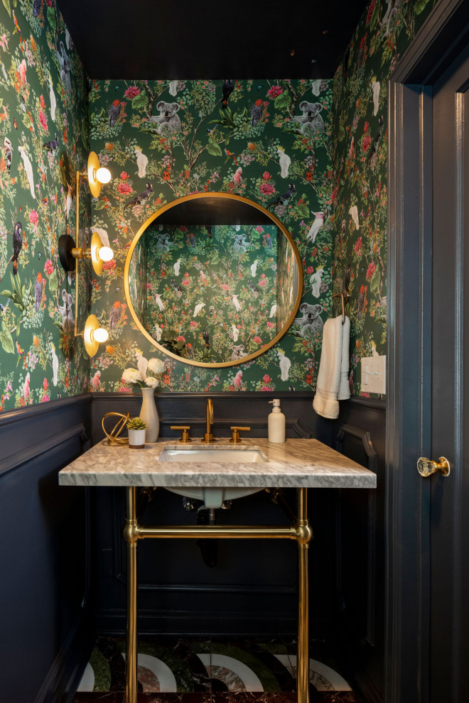 Powder room - large transitional multicolored tile and marble tile ceramic tile, black floor and tray ceiling powder room idea in Denver with shaker cabinets, gray cabinets, a one-piece toilet, white walls, an undermount sink, quartz countertops, white countertops and a freestanding vanity