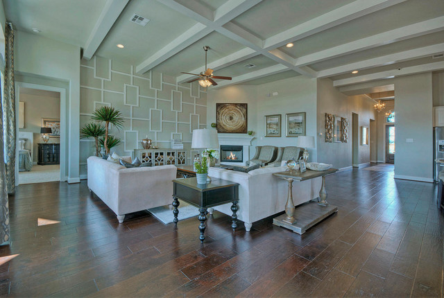 White Ceiling Beams In Family Room American Traditional Living