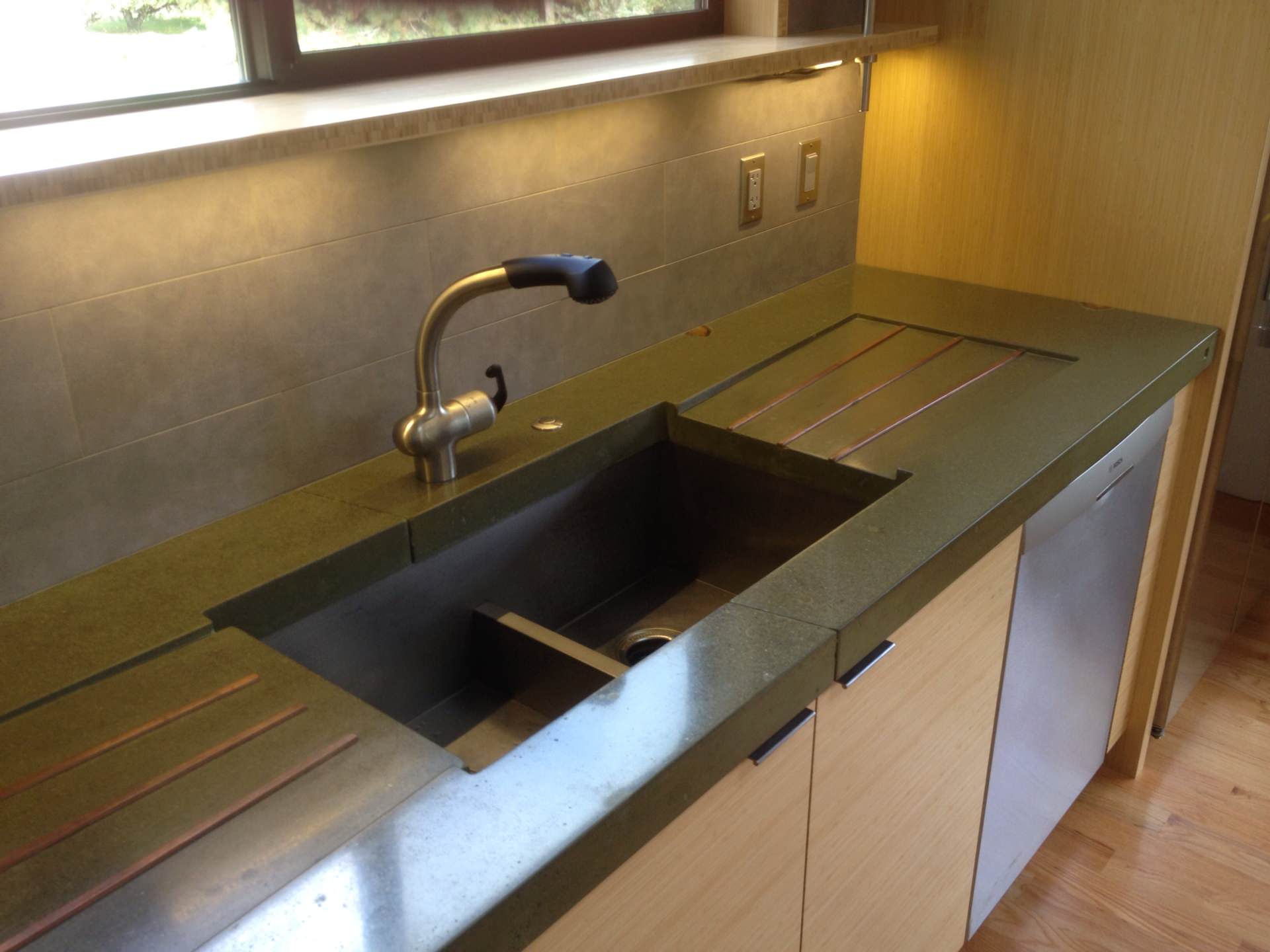 Concrete Kitchen Countertop with Wood Drainboard DC Custom Concrete