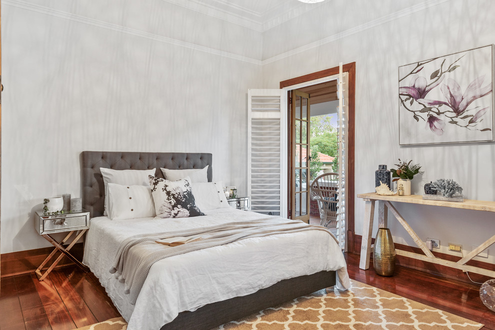 Design ideas for a traditional guest bedroom in Perth with grey walls and dark hardwood floors.
