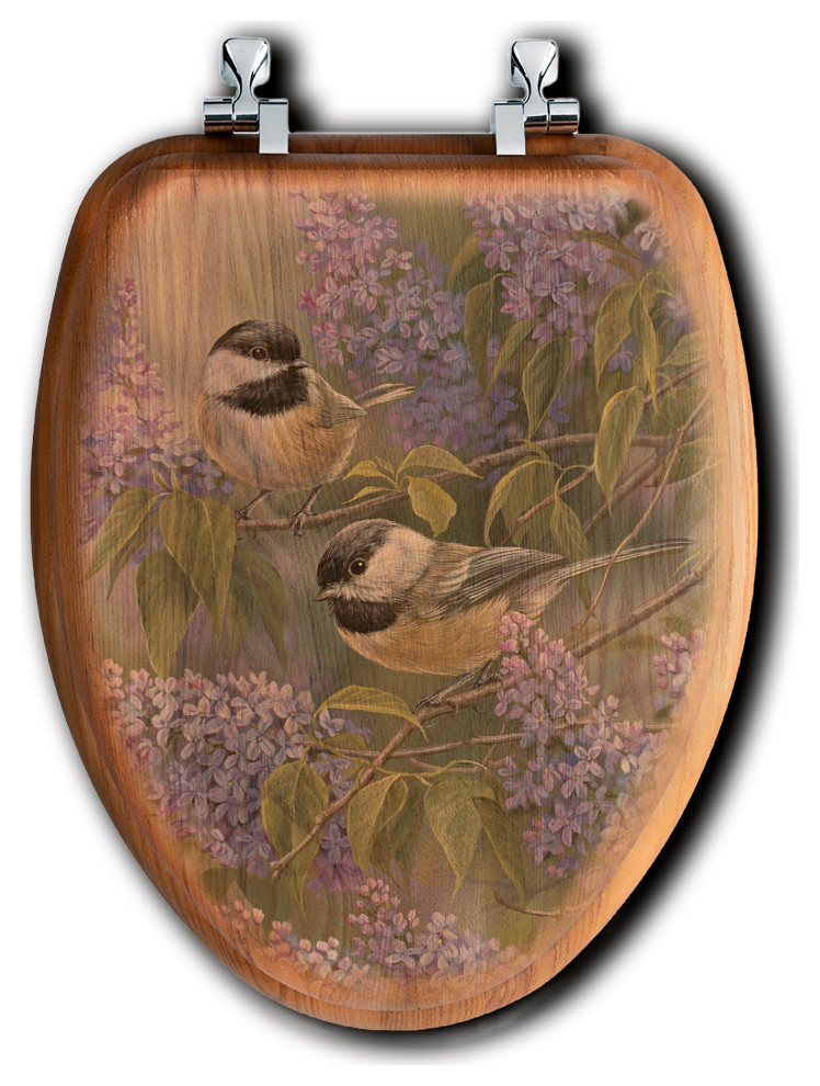 Toilet Seat, Elongated, Chickadees and Lilac, 16"x18.5" Tropical