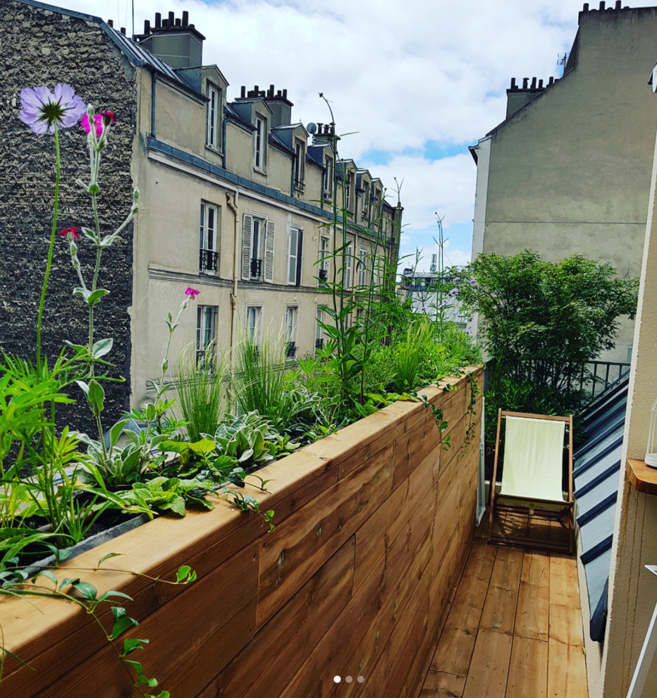 Mid-sized traditional balcony in Paris with a container garden, no cover and wood railing.