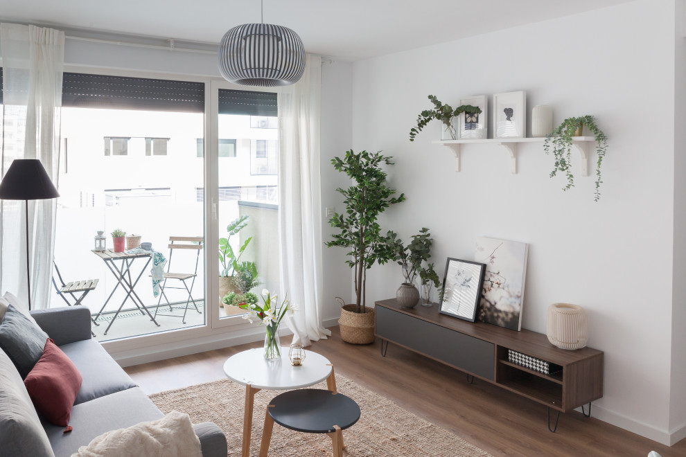This is an example of a mid-sized scandinavian open concept living room in Madrid with white walls, medium hardwood floors and brown floor.