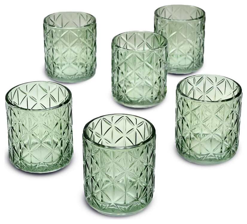 Serene Spaces Living Green Diamond Cut Glass Votive Holder, Small Set