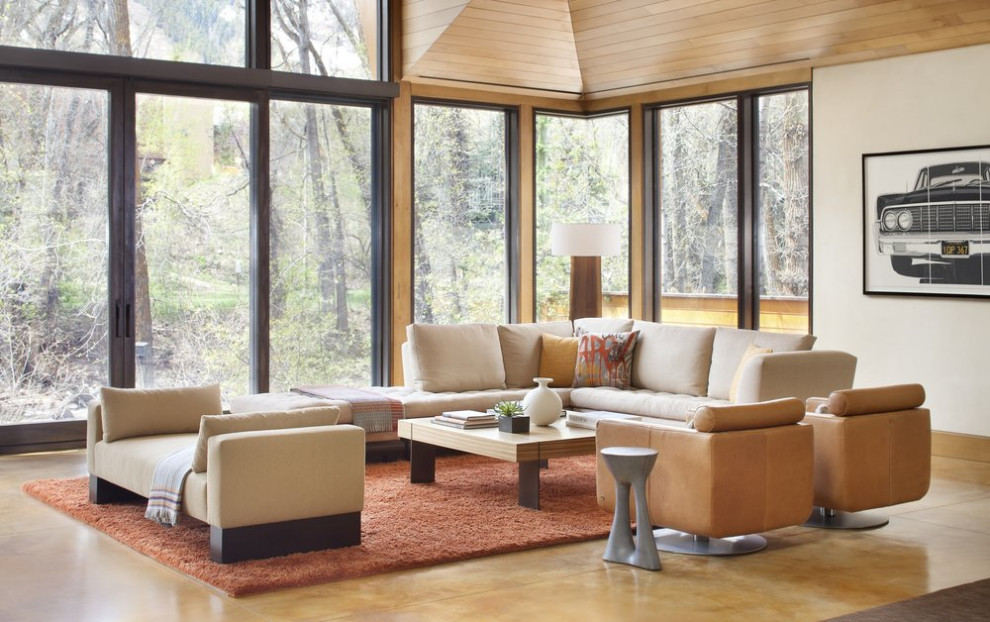 Mittelgroßes, Repräsentatives, Fernseherloses, Abgetrenntes Modernes Wohnzimmer ohne Kamin mit braunem Holzboden in Denver