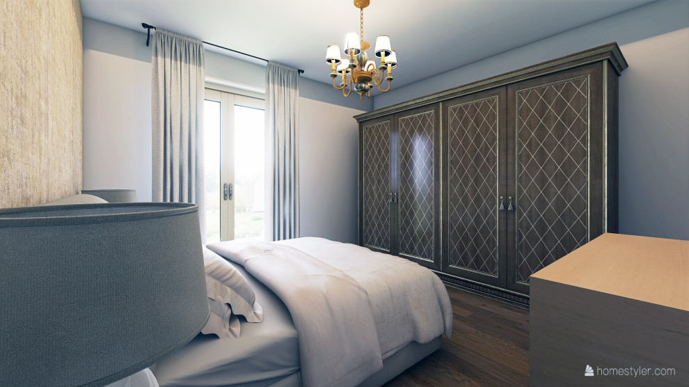 This is an example of a small traditional master bedroom in Naples with beige walls, porcelain floors, brown floor and wallpaper.