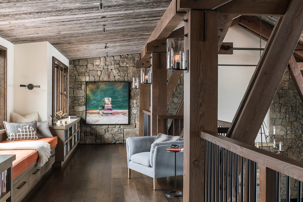 Inspiration for a rustic dark wood floor and brown floor hallway remodel with white walls