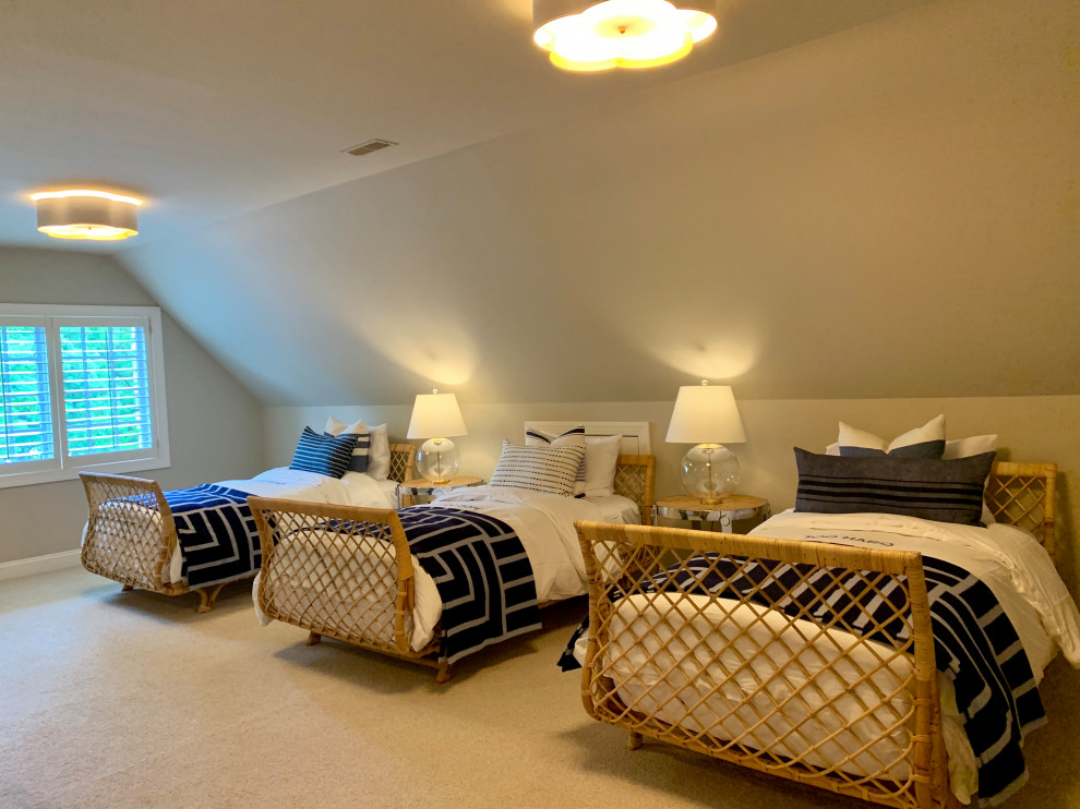 Design ideas for a mid-sized transitional guest bedroom in Milwaukee with beige walls, carpet, no fireplace and beige floor.